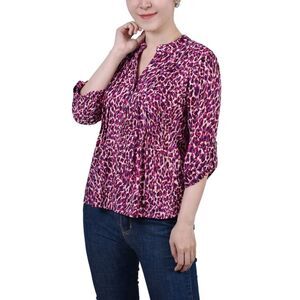 NY Collection Petite 3/4 Roll Tab Sleeve Y Neck Top